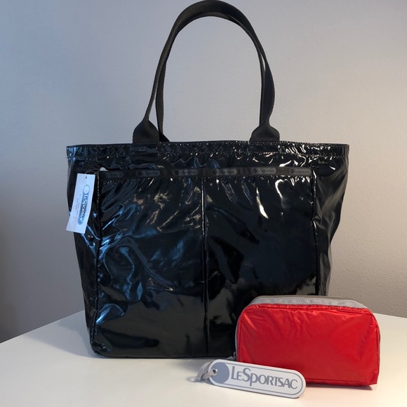 Lesportsac Handbags - LeSportsac Everygirl Tote Black Patent & Red Pouch
